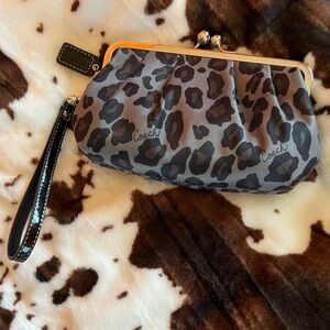 Coach Satin Leopard Kiss Lock Wristlet Clutch